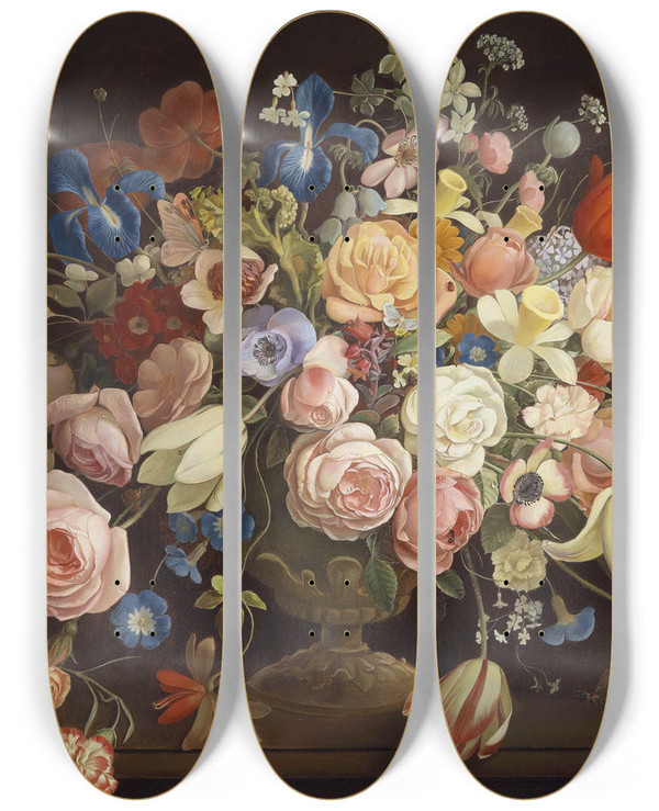 Triptych art skateboard deck of Anton Mller Blumenstillleben by Anton Moller (1853-1897)