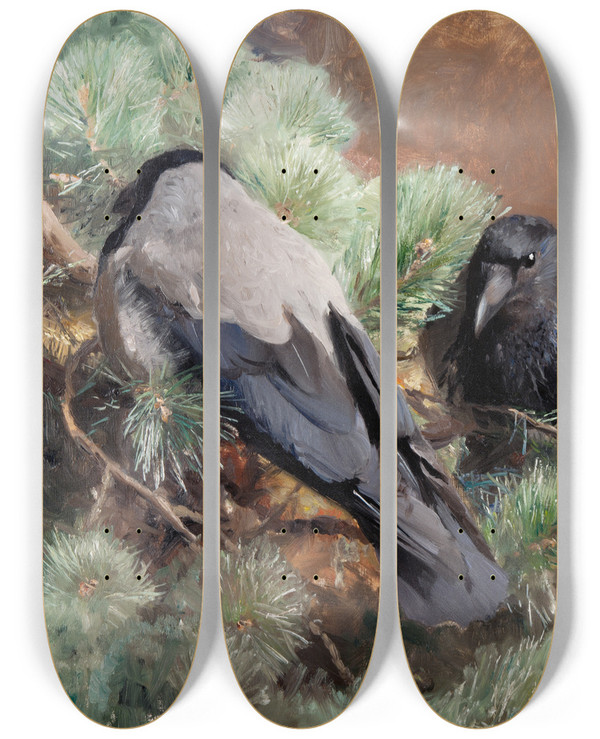 Triptych art skateboard deck of Bruno Liljefors Crows by Bruno Liljefors (1860-1939)