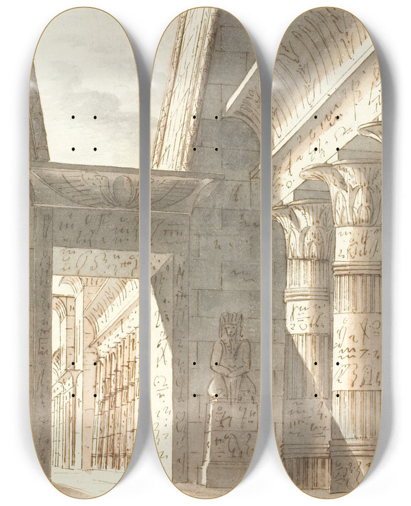 Triptych art skateboard deck of Aron Wallick Gyptisk Tempel by Aron Wallick (1779-1845)