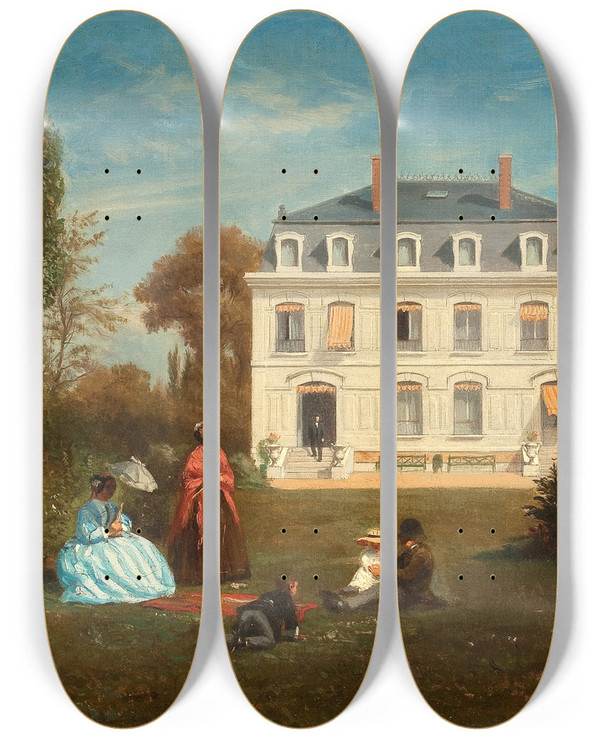Triptych art skateboard deck of Charles Jean Mercier In The Garden by Charles Jean Mercier (1832-1909)