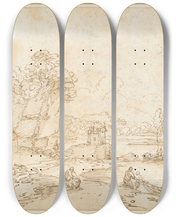 Triptych art skateboard deck of Giovanni Francesco Grimaldi Cliffs At Riverbank Withfishermen by Giovanni Francesco Grimaldi (1606-1680)