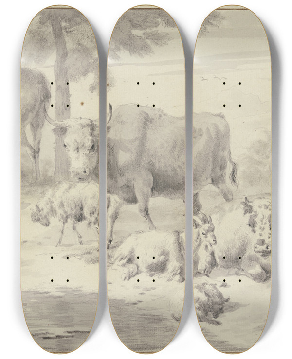 Triptych art skateboard deck of Dirck Van Bergen Khe Schafe Eine Ziege Ein Pferd Und Ein Hund Bei Einem Wasser by Dirck Van Bergen (1645-1690)