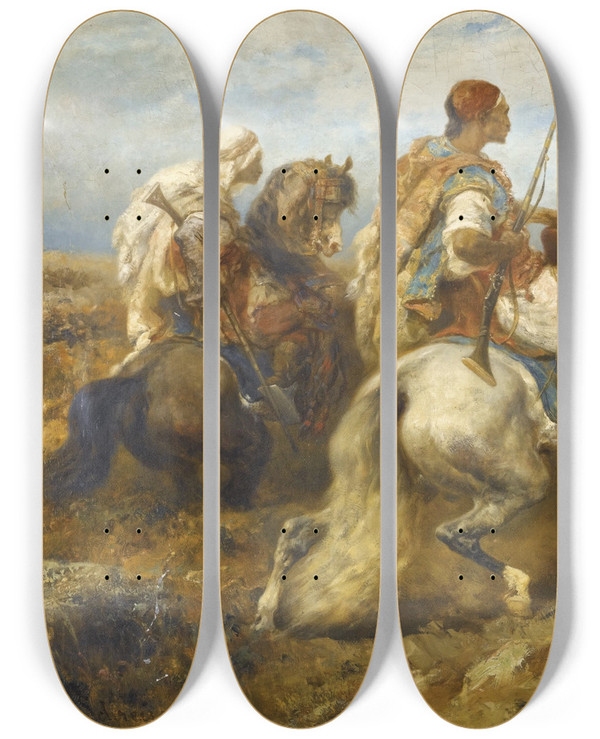 Triptych art skateboard deck of Adolf Schreyer Cavaliers by Adolf Schreyer (1828-1899)