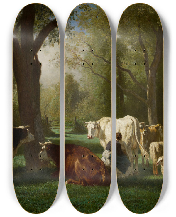 Triptych art skateboard deck of Constant Troyon Landscape With Cattle And Sheep by Constant Troyon (1810-1865)