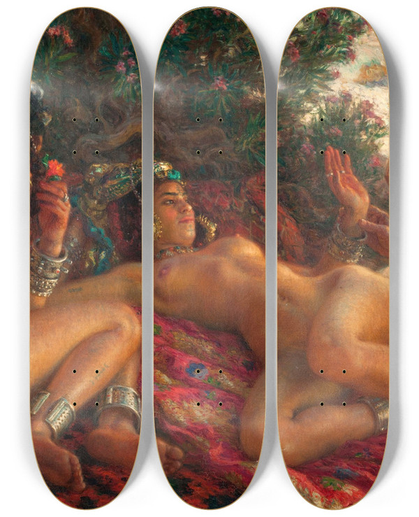 Triptych art skateboard deck of Tienne Dinet La Mensajera De Satanas by Etienne Dinet (1861-1929)