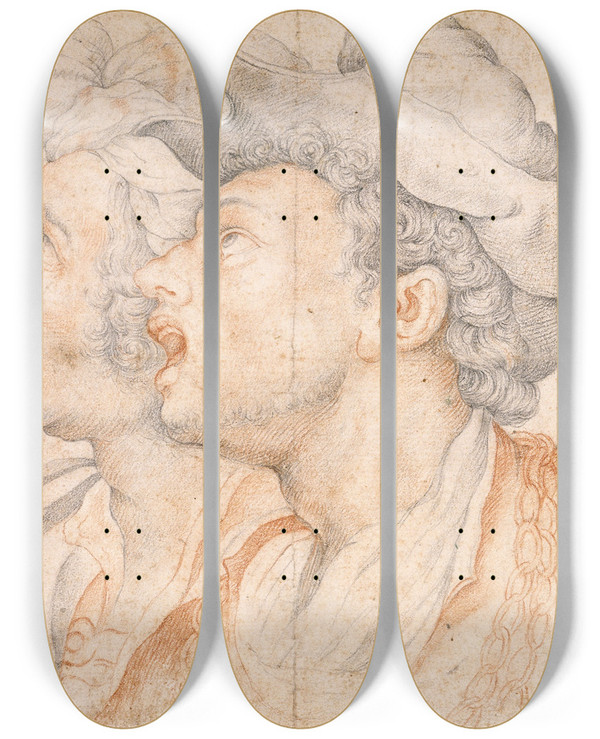 Triptych art skateboard deck of Camillo Procaccini Two Youths Heads by Camillo Procaccini (1546-1629)