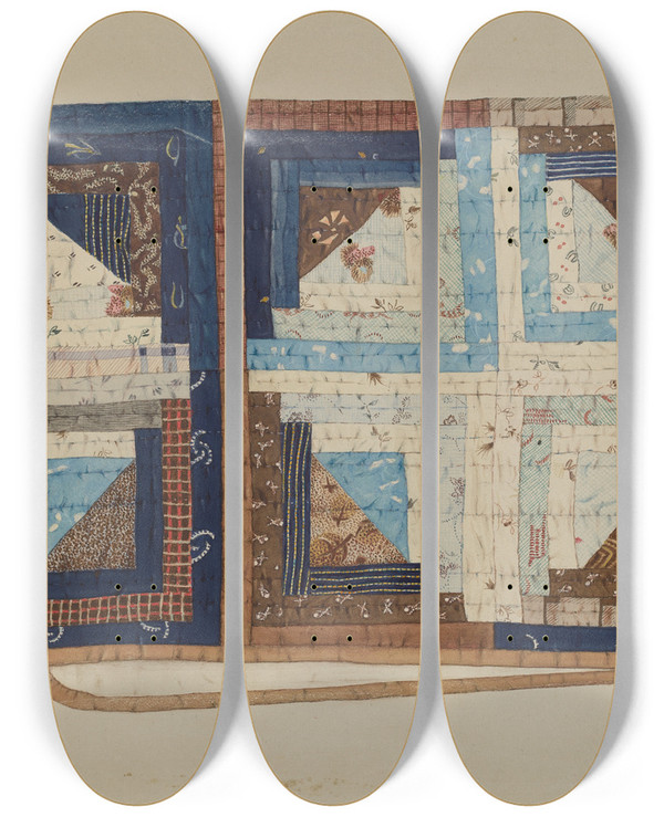 Triptych art skateboard deck of Elbert S Mowery Log Cabin Quilt by Elbert S Mowery