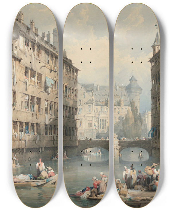 Triptych art skateboard deck of Samuel Prout View Of Nuremberg by Samuel Prout (1783-1852)
