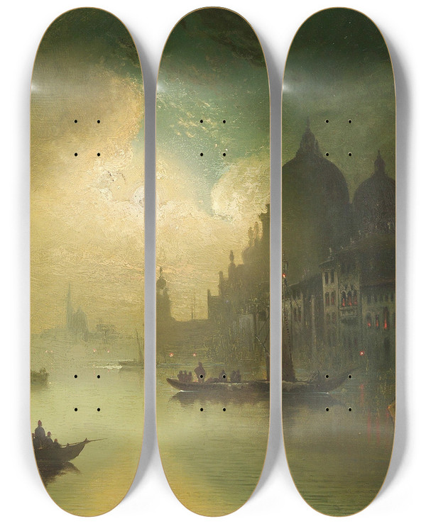 Triptych art skateboard deck of Karl Kaufmann A Moonlit Night Over Venice by Karl Kaufmann (1843-1905)
