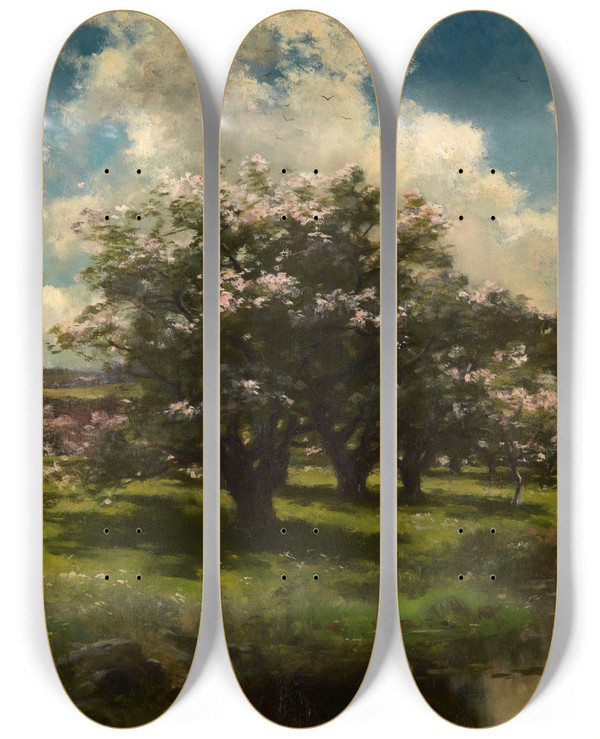 Triptych art skateboard deck of John Appleton Brown Apple Blossoms Near A Pond by John Appleton Brown (1844-1902)