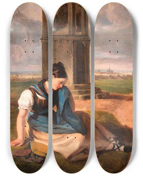 Triptych art skateboard deck of Peter Fendi Das Milchmdchen by Peter Fendi (1796-1842)