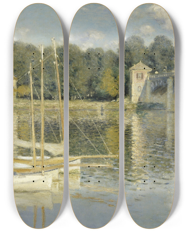 Triptych art skateboard deck of Claude Monet The Argenteuil Bridge by Claude Monet (1840-1926)