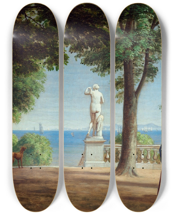 Triptych art skateboard deck of P C Skovgaard View Towards Kullen From A Garden Terrace With Statues by P C Skovgaard (1817-1875)