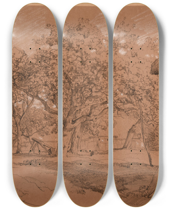 Triptych art skateboard deck of Jacquesraymond Brascassat Cour De Ferme by Jacques Raymond Brascassat (1804-1867)
