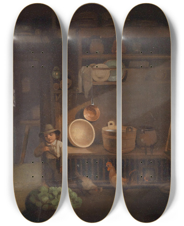 Triptych art skateboard deck of Ignaz Raffalt Bauernbub In Der Vorratskammer by Ignaz Raffalt (1800-1857)