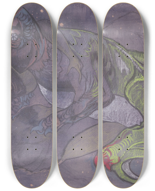 Triptych art skateboard deck of Stanisaw Ignacy Witkiewicz Chameleo From The Series Astronomical Compositions by Stanislaw Ignacy Witkiewicz (1885-1939)