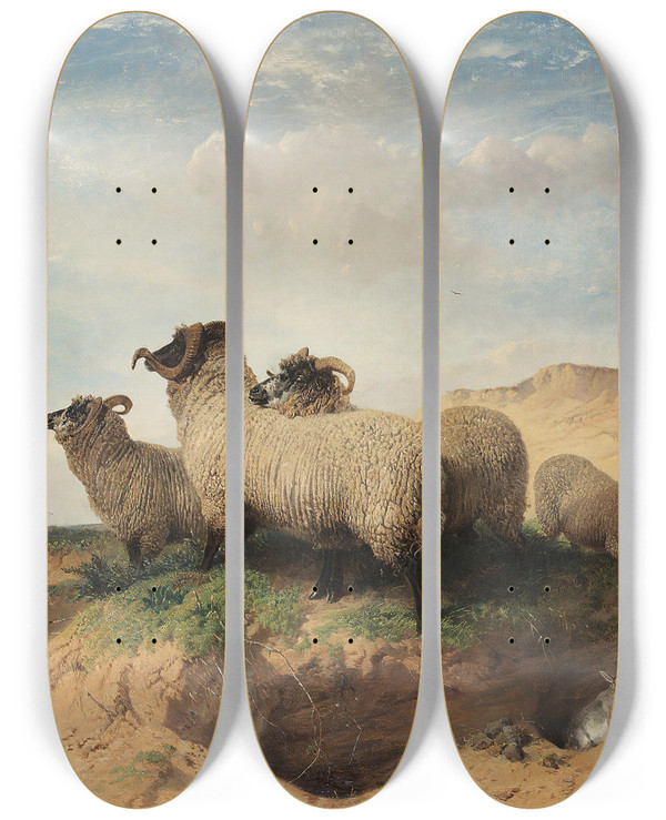 Triptych art skateboard deck of Richard Ansdell Lytham Sandhills by Richard Ansdell (1815-1885)