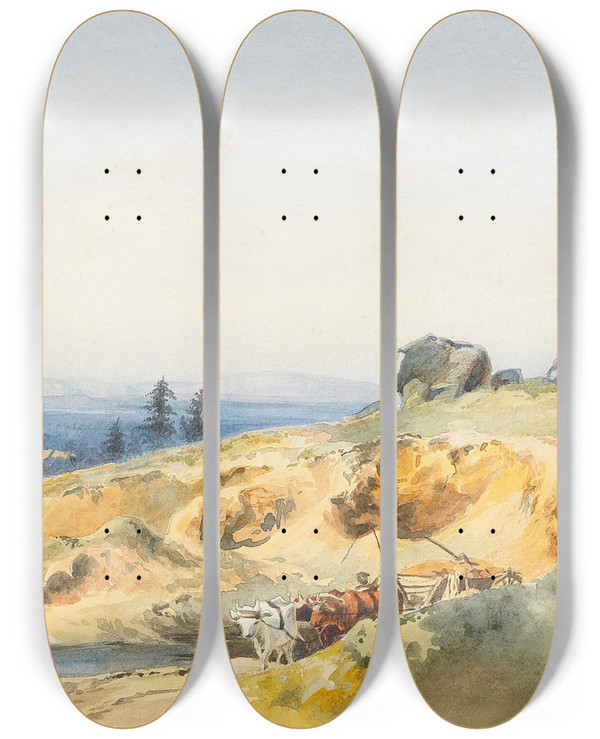 Triptych art skateboard deck of Edward Theodore Compton A Landscape With A Narrow Path And An Oxcart by Edward Theodore Compton (1849-1921)