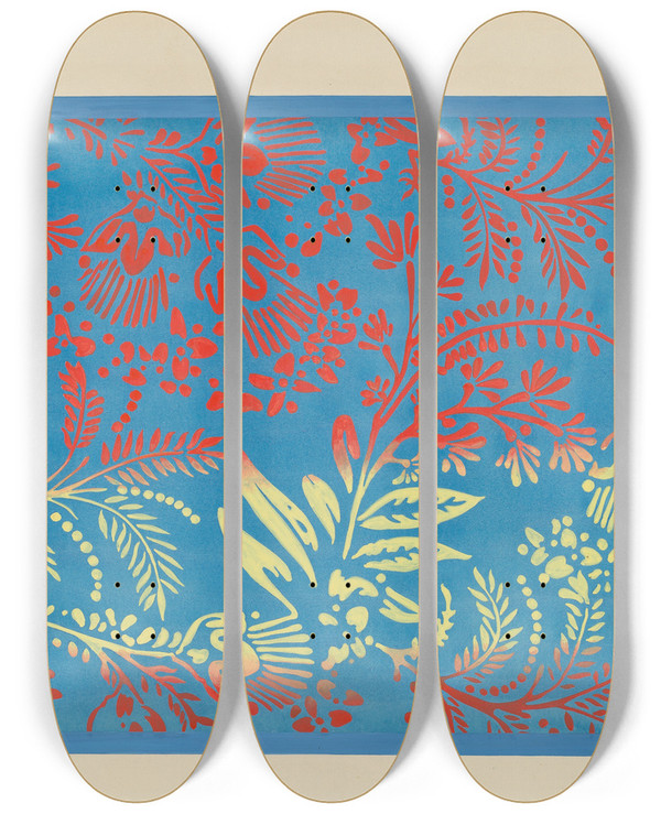 Triptych art skateboard deck of Harold Merriam Bandbox Design_1 by Harold Merriam