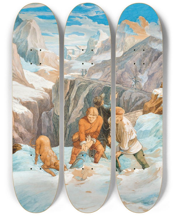 Triptych art skateboard deck of Hieronymus Hess Scene On St Gotthard by Hieronymus Hess (1799-1850)