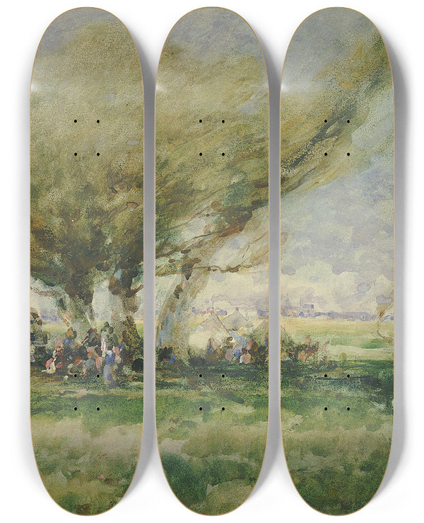 Triptych art skateboard deck of William Henry Holmes A Gypsycamp by William Henry Holmes (1846-1933)