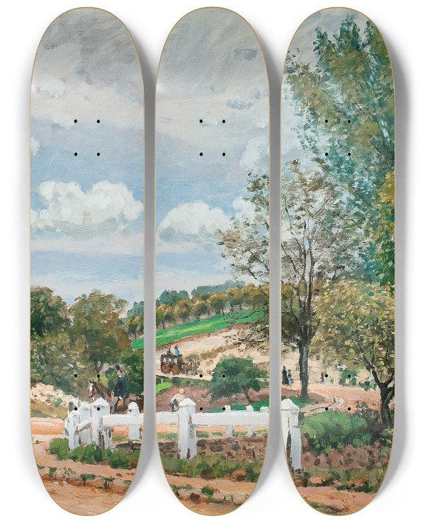 Triptych art skateboard deck of Alfred Sisley La Route De Verrieres by Alfred Sisley (1840-1899)