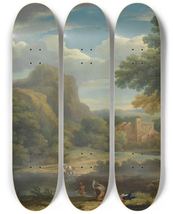 Triptych art skateboard deck of George Lambert Mountainous Landscape by George Lambert (1699-1765)