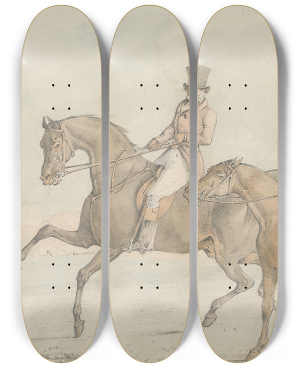Triptych art skateboard deck of Henry Thomas Alken A Gentleman Riding With A Groom And Coversing by Henry Thomas Alken (1785-1851)