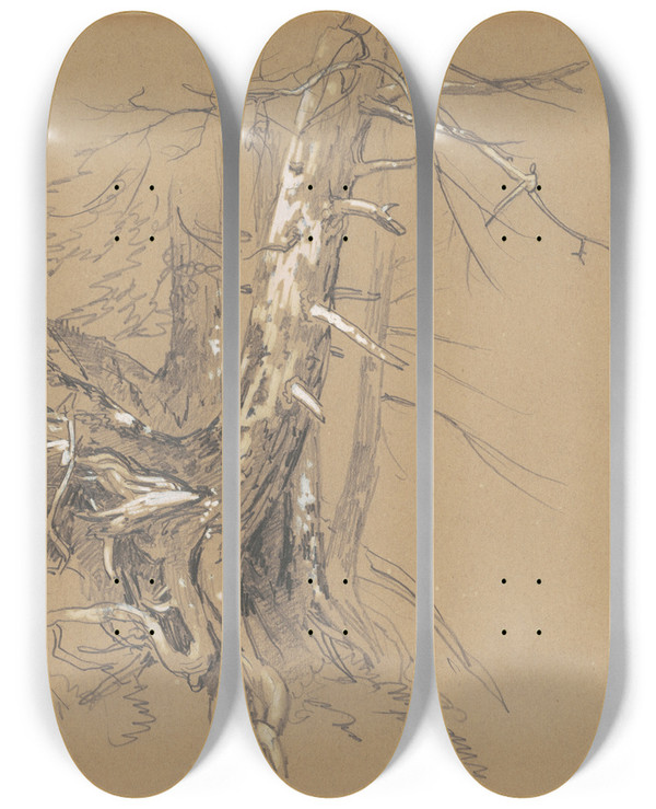 Triptych art skateboard deck of David Johnson Tree Trunks by David Johnson (1827-1908)