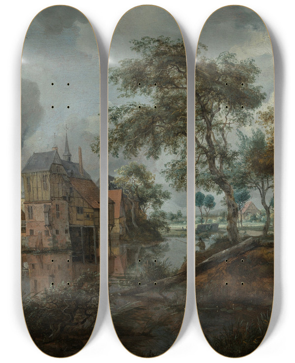 Triptych art skateboard deck of Meindert Hobbema Das Schloss Von Ootmarsum by Meindert Hobbema (1638-1709)