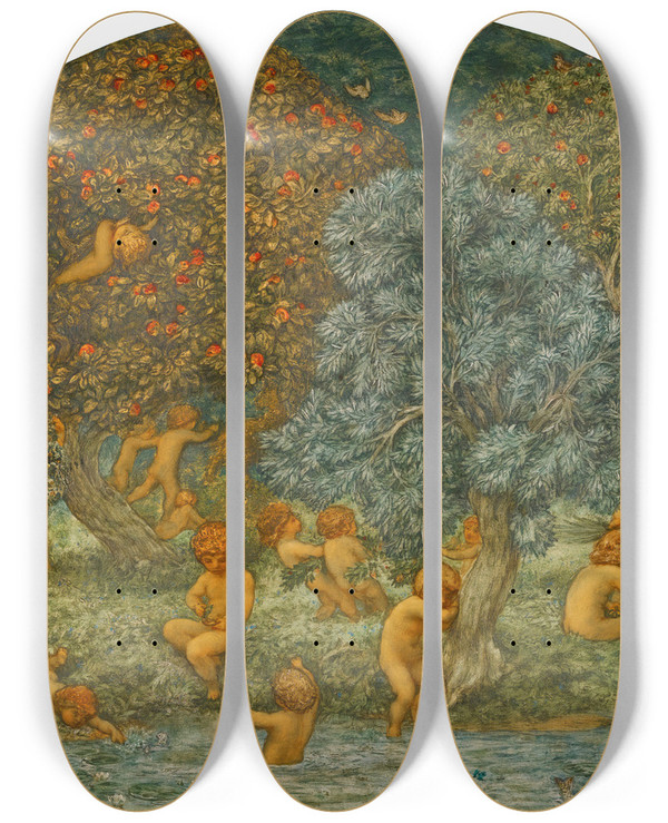 Triptych art skateboard deck of Thomas Matthews Rooke The Orchard by Thomas Matthews Rooke (1842-1942)