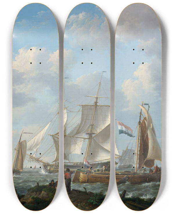 Triptych art skateboard deck of Johannes Hermanus Koekkoek Ships In A Squall With Figures On Shore by Johannes Hermanus Koekkoek (1778-1851)