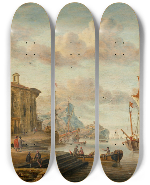 Triptych art skateboard deck of Abraham Storck Harbour Scene With Ancient Ruins by Abraham Storck (1644-1708)