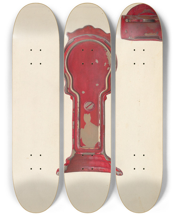 Triptych art skateboard deck of Alf Bruseth Clock Bank by Alf Bruseth
