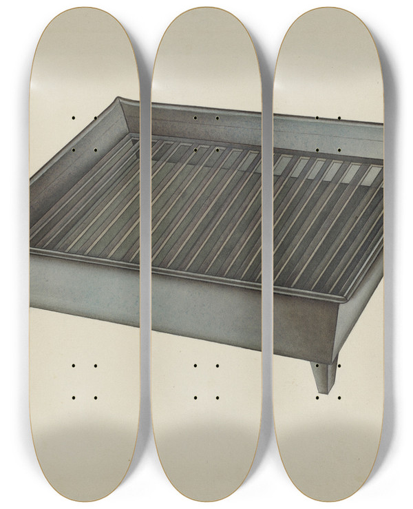 Triptych art skateboard deck of Lon Cronk Shaker Tin Dish Drainer by Lon Cronk