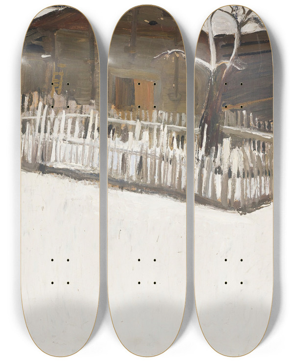 Triptych art skateboard deck of Ernest Biler Paysage Dhiver Devant Un Mazot by Ernest Bieler (1863-1948)