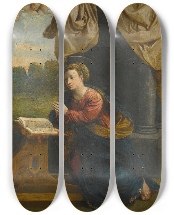 Triptych art skateboard deck of Battista Dossi The Annunciation by Battista Dossi (1490-1548)