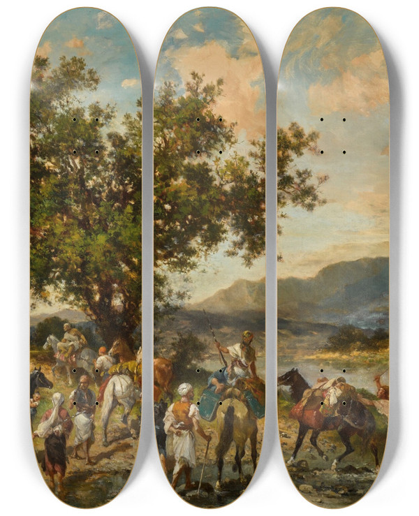 Triptych art skateboard deck of Georges Washington At The Oasis by Georges Washington (1827-1901)