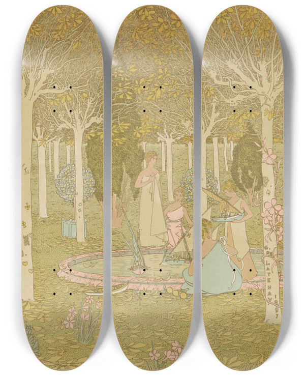Triptych art skateboard deck of Gaston De Latenay Le Parc by Gaston de Latenay (1859-1943)