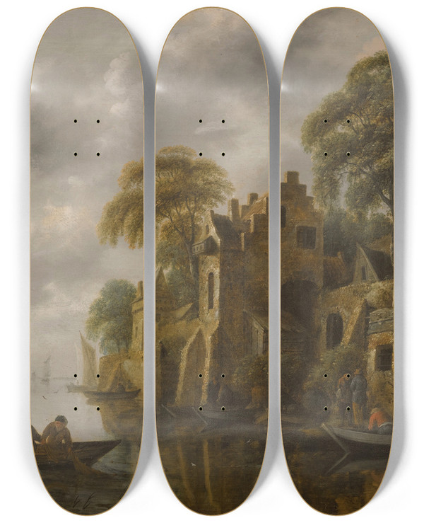 Triptych art skateboard deck of Nicolaes Molenaer A River Landscape With Fishermen Loading Their Nets Beside A Town by Nicolaes Molenaer (1626-1676)