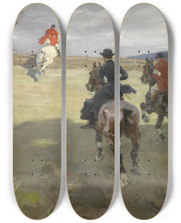 Triptych art skateboard deck of Angelo Jank Parforcejagd by Angelo Jank (1868-1940)