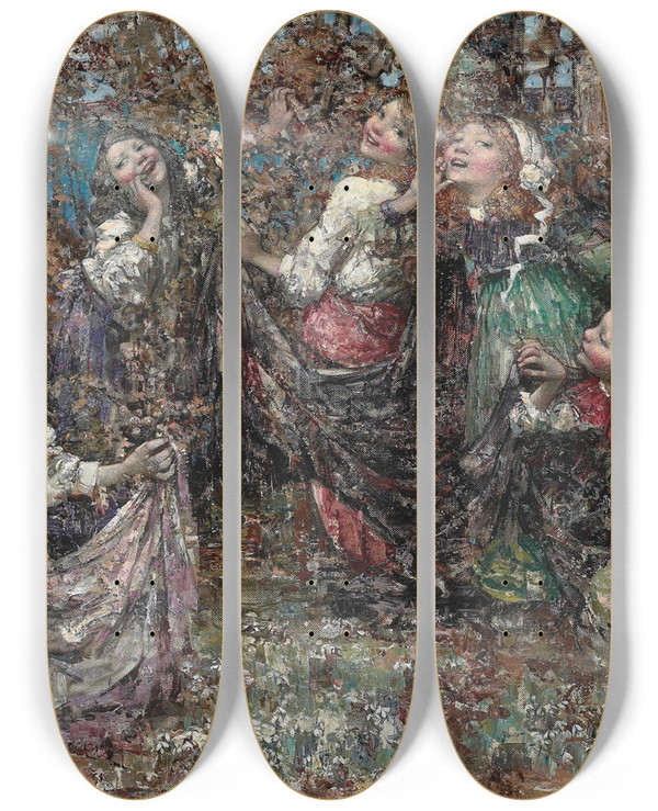 Triptych art skateboard deck of Edward Atkinson Hornel Ringaringaroses by Edward Atkinson Hornel (1864-1933)