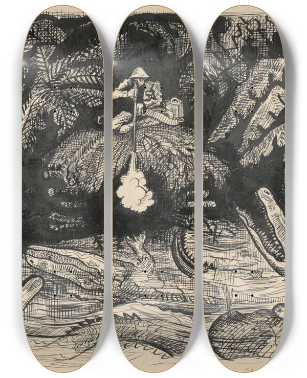 Triptych art skateboard deck of Arnold Peter Weiszkubnan Stories In Wilderness 6 by Arnold Peter Weisz-Kubnan (1898-1944)
