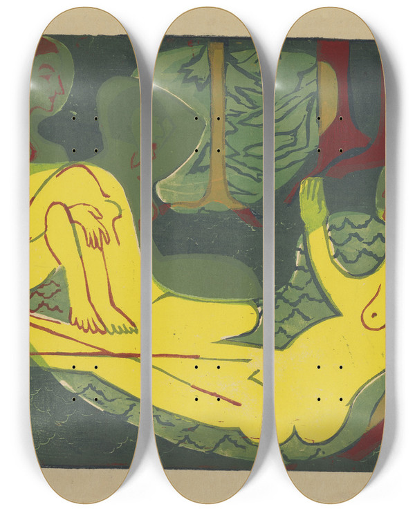 Triptych art skateboard deck of Ernst Ludwig Kirchner Three Nudes In The Forest by Ernst Ludwig Kirchner (1880-1938)