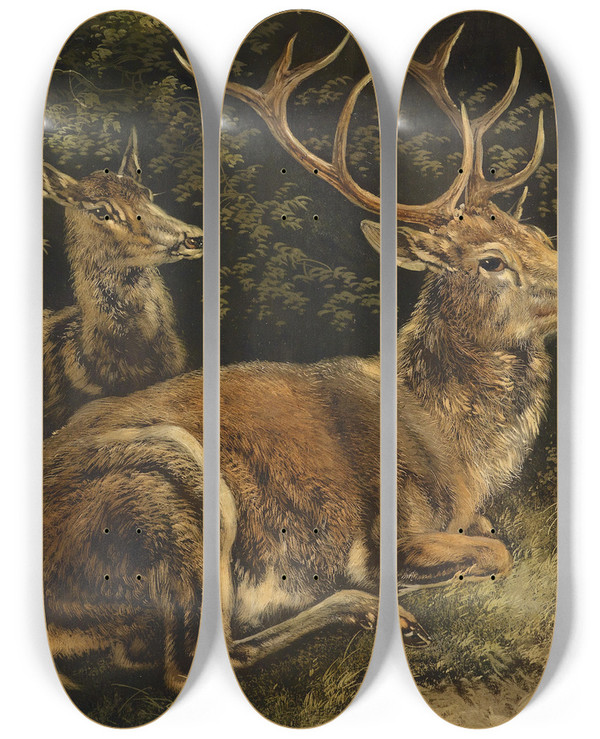 Triptych art skateboard deck of August Schleich Rotwild by August Schleich (1814-1865)