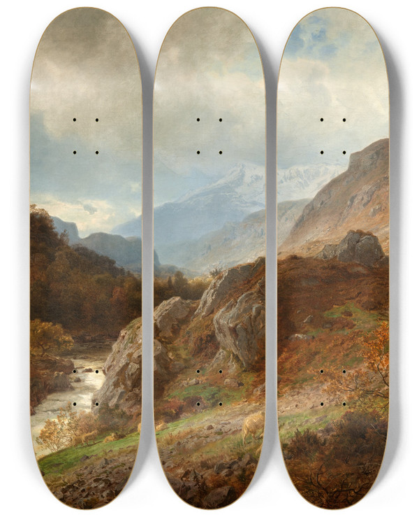 Triptych art skateboard deck of Hans Gude Mountain Landscape by Hans Gude (1825-1903)