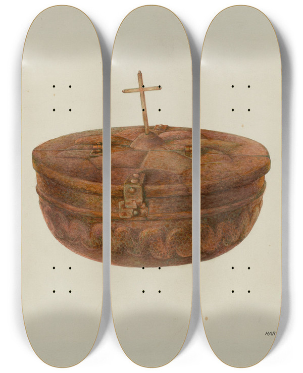 Triptych art skateboard deck of Harry Mann Waddell Baptismal Font_2 by Harry Mann Waddell (1876-1956)