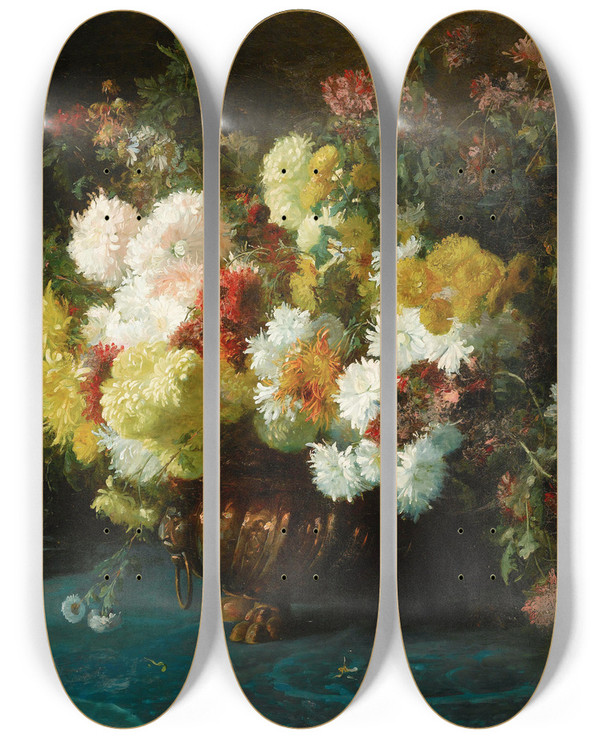 Triptych art skateboard deck of Adolphe Louis Castexdgrange Floral Still Life by Adolphe Louis Castex Degrange (1840-1918)