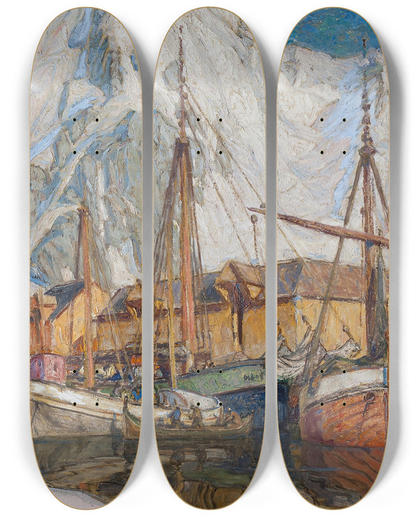 Triptych art skateboard deck of Anna Boberg The Harbour At Svolvaer Lofoten by Anna Boberg (1864-1935)