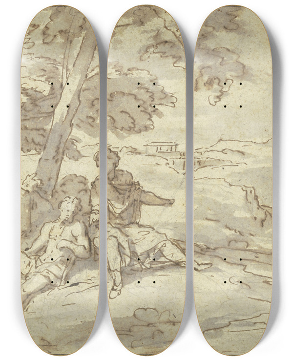 Triptych art skateboard deck of Abraham Genoels Ii In Einer Landschaft Sitzen Unter Einer Baumgruppe Zwei Antike Figuren by Abraham Genoels Ii (1640-1723)